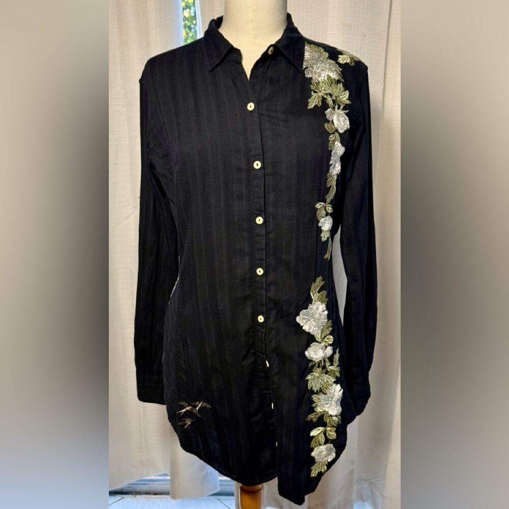 Johnny Was Black Button Down Shirt with White Floral Embroidery